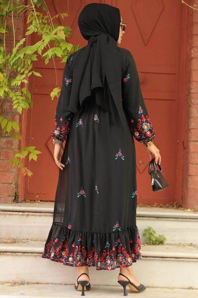 Neva Style Çiçek Desenli Siyah Tesettür Elbise 23231S