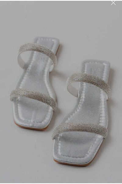 PLN SHOES Comfortable Sole Women's Silver Orthopedic Sole 5mm. Two Stones Evening Dress Slippers with Sponge