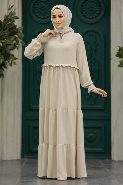 Neva Style Rochie Hijab Bej Pliată 5854bej