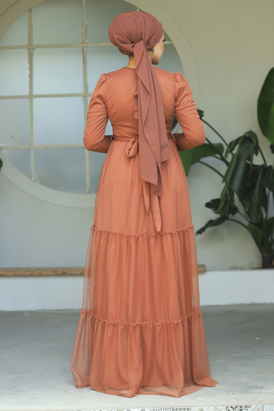 Neva Style Kat Pleated Tan Hijab Evening Dress 55621Tb