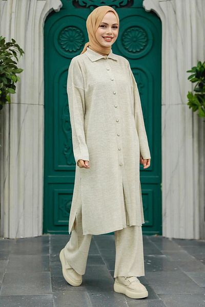 Neva Style طقم مزدوج منسوج حجاب بيج بياقة 34181bej