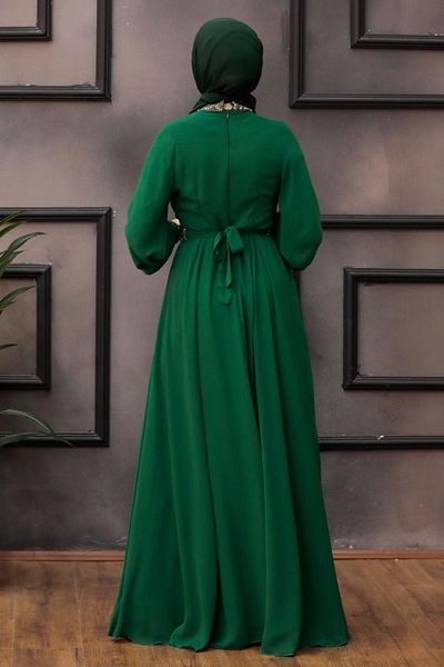 Neva Style Balloon Sleeve Green Hijab Evening Dress 5339Y
