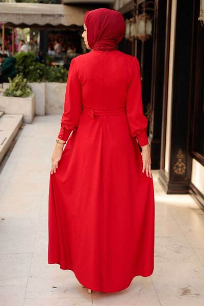Neva Style - Rochie hijab roșie cu centură cu cataramă 5806k