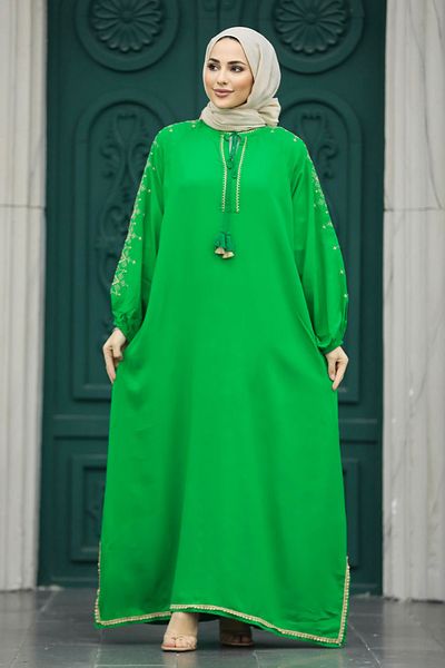 Neva Style Πράσινο Φόρεμα Hijab με Κέντημα Μανίκια 40050y