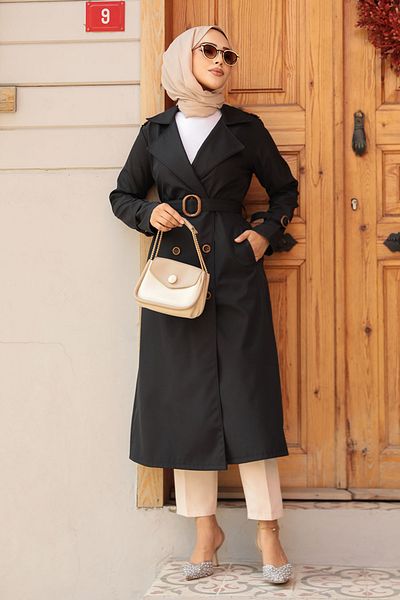 Neva Style Trench Hijab negru cu centură cu cataramă 5942s