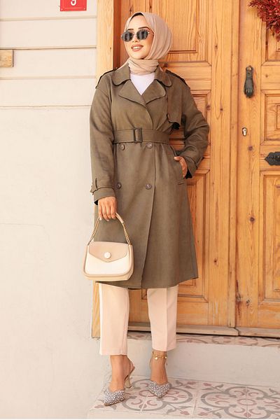 Neva Style معطف واق من المطر بحزام من جلد الغزال الكاكي - 72091HK