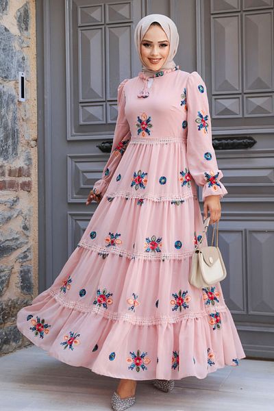 Neva Style Powder Color Embroidery Patterned Hijab Dress - 45541PD