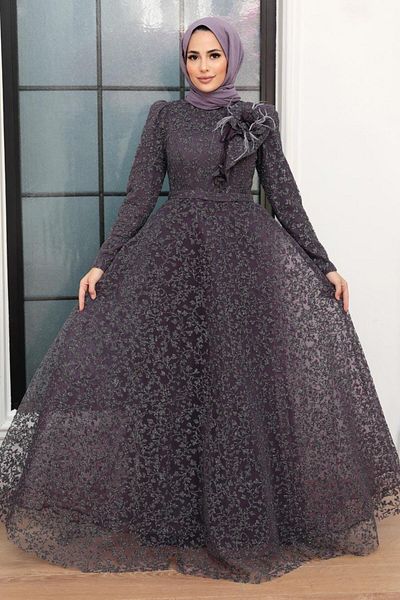 Neva Style Lacy Dark Lilac Hijab Evening Dress 22421Klıla