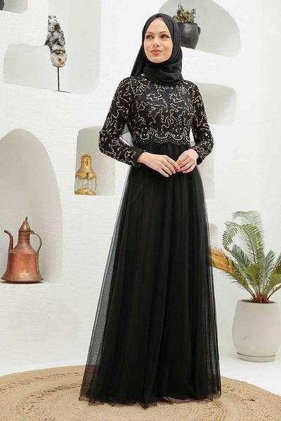 Neva Style - Rochie de seara Hijab Brodata cu margele Aur 9160gold