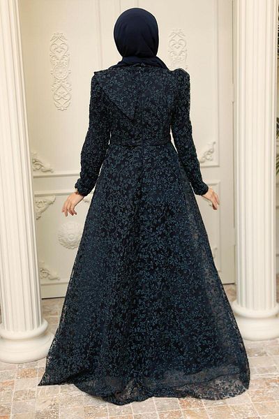 Neva Style Lacy Navy Blue Hijab Evening Dress 22421L