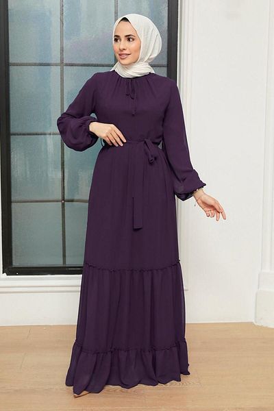 Neva Style Fold Pleated Plum Hijab Dress 5726Mu