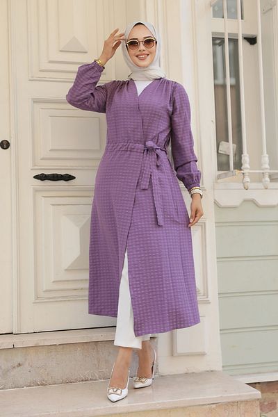 Neva Style Belted Dark Lilac Hijab Kimono 457Klıla