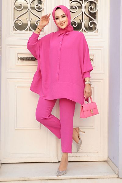 Neva Style طقم حجاب فوشيا مزدوج - أزرار، 67751F