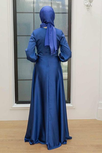 Neva Style Βραδινό φόρεμα Crepe Satin Indigo Blue Hijab 3389ım