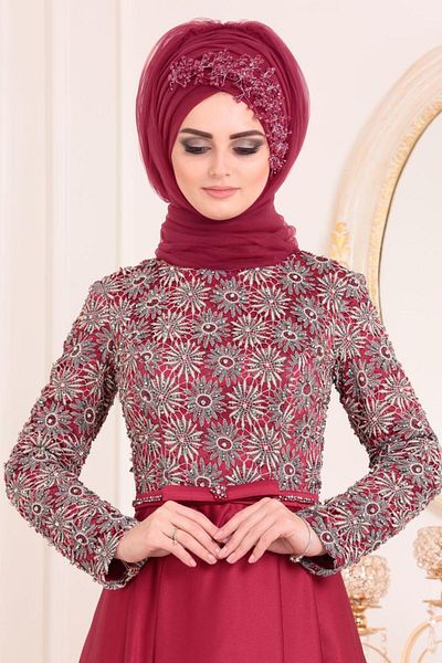 Neva Style Lace Detailed Red Hijab Evening Dress 1937K
