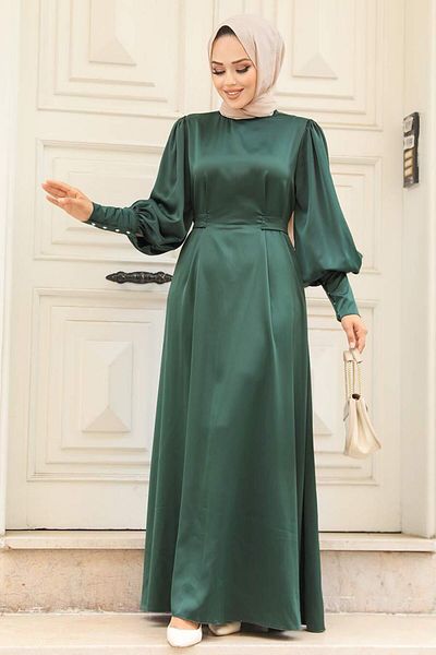 Neva Style Rochie de seară din satin hijab verde smarald cu mâneci balon 61031zy