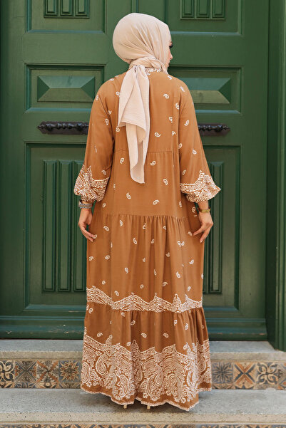 Neva Style Tan Patterned Hijab Dress - 51751tb