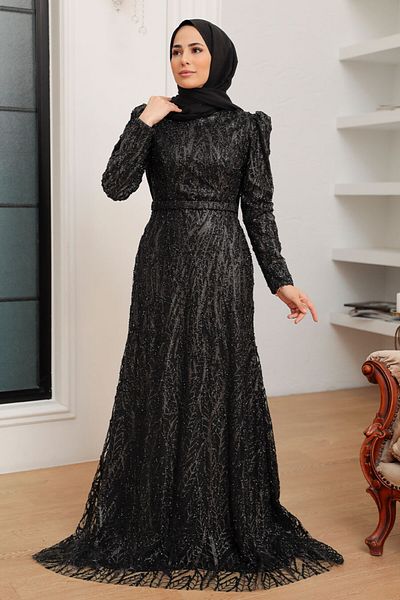 Neva Style Beaded Black Hijab Evening Dress 22633S