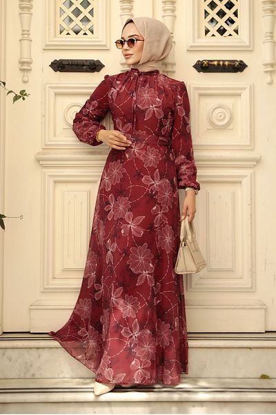 Neva Style Rochie Hijab Burgundy cu Motiv Floral 279079 br