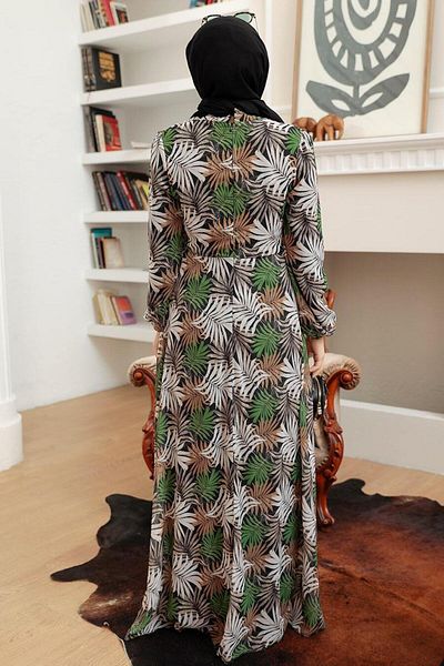 Neva Style Floral Patterned Green Hijab Dress 279076 Y