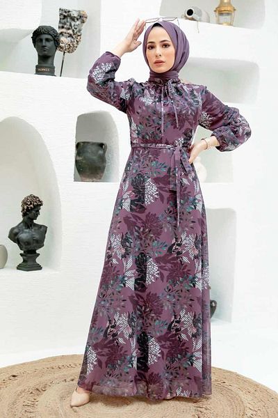 Neva Style Floral Patterned Dark Rose Hijab Dress 279024 Kgk