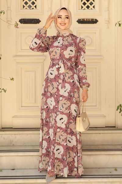 Neva Style Floral Patterned Dusty Rose Hijab Dress 27939Gk