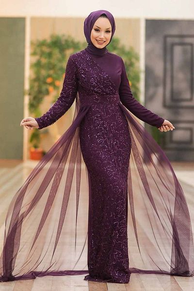 Neva Style Rochie de seara Hijab - Paiete Paiete Prune Rochie de seara Hijab 5345mu