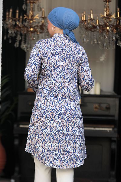 Neva Style تونيك فيسكوز محتشم أزرق نيلي منقوش 11607ım