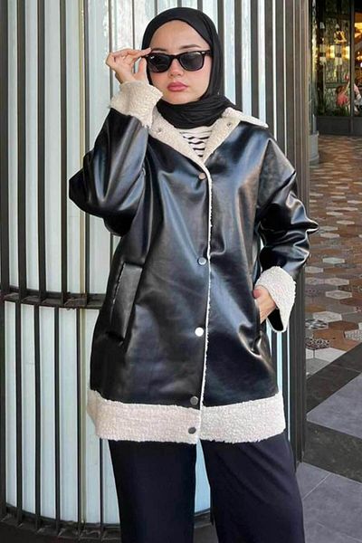 Neva Style - Jachetă din piele neagră Hijab cu detaliu de blană 9310s