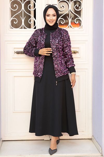 Neva Style طقم مزدوج مزين بالترتر مع تنورة حجاب وردية - 40223P