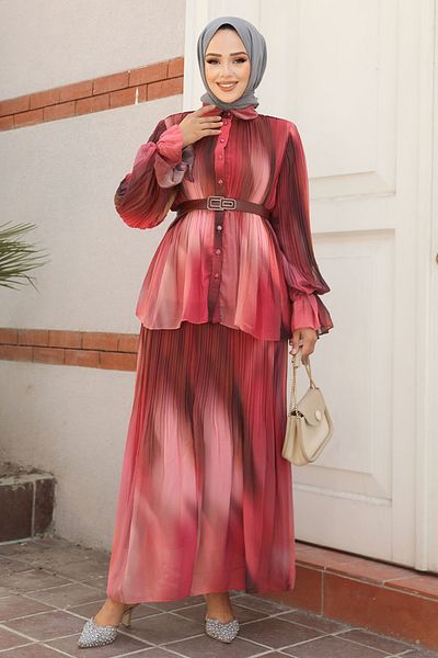 Neva Style طقم حجاب مزدوج مطوي باللون الوردي الداكن - 45291 كجم