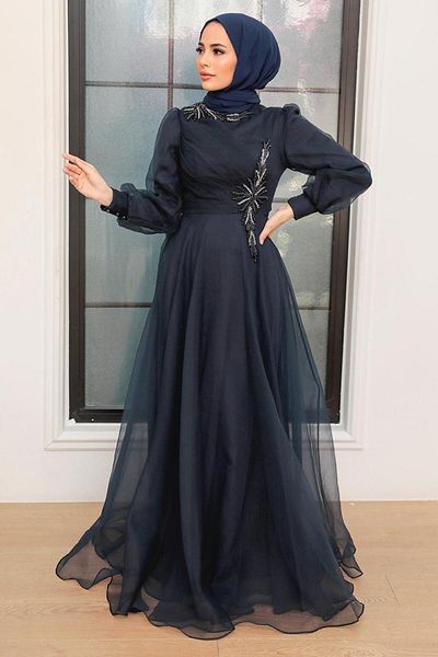 Neva Style Beaded Navy Blue Hijab Evening Dress 22551L