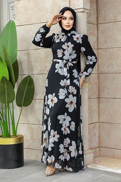 Neva Style Rochie neagră cu hijab cu modele florale 27946s