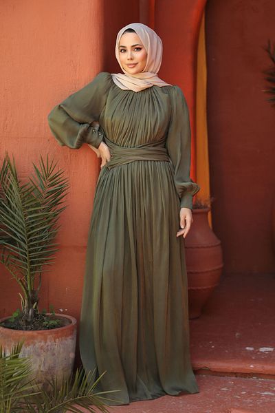 Neva Style Balloon Sleeve Khaki Hijab Evening Dress 46221Hk