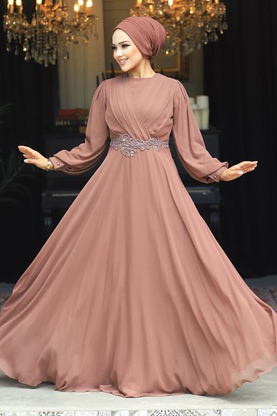 Neva Style Βραδινό φόρεμα Hijab Καφέ με Δαντέλα Λεπτομέρεια 3435kh