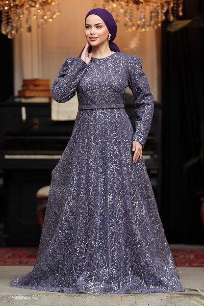 Neva Style Beaded Dark Lilac Hijab Evening Dress 23091Klıla