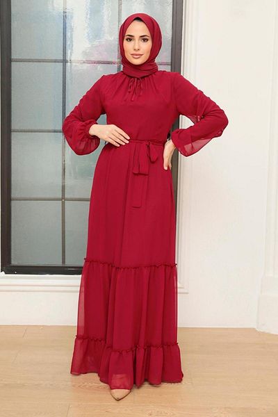 Neva Style Rochie Hijab Roșu Claret Pliat 5726br