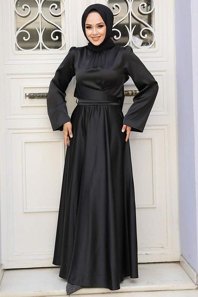 Neva Style Μαύρο Hijab Σατέν Βραδινό Φόρεμα 6105s