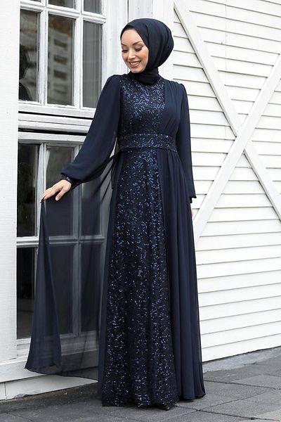 Neva Style Sequin Sequined Navy Blue Hijab Evening Dress 5408L