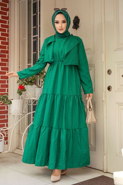 Neva Style Green Hijab Dress with Jacket Detail 20301Y