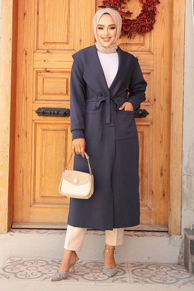 Neva Style Șapcă Hijab din piele intoarsa bleumarin cu guler șal - 72112L