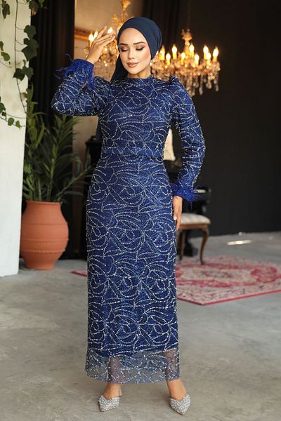 Neva Style Βραδινό φόρεμα με κεντημένο με χάντρες Navy Blue Hijab 52056l
