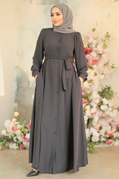 Neva Style Buttoned Smoked Hijab Ferace 45277FU
