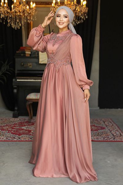 Neva Style Pearl Detailed Draped Tile Hijab Evening Dress 21890Krmt