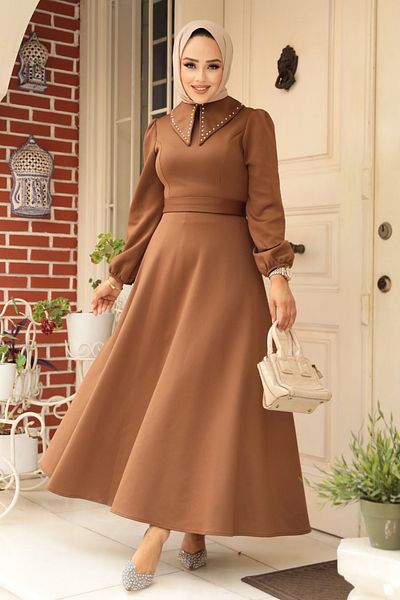 Neva Style Καφέ Φόρεμα Hijab - Βρεφικός γιακάς, Μοντέλο No: 23123KH