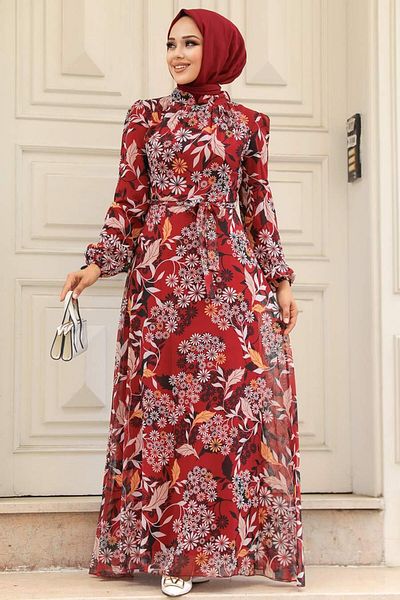 Neva Style - Rochie Hijab Rosie Claret cu Motiv Floral 27950br