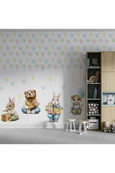 dreamwall Tavşan Balonlar Çocuk Odası Duvar Kumaşı -Isı ve Ses Yalıtımlı