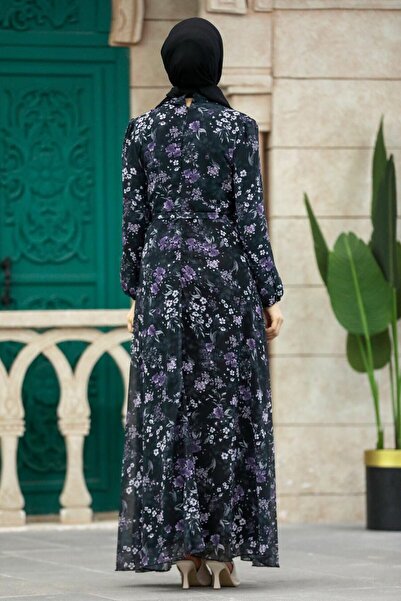 Neva Style Φόρεμα Μαύρο Χιτζάμπ με Μοτίβο Λουλούδια 279044S