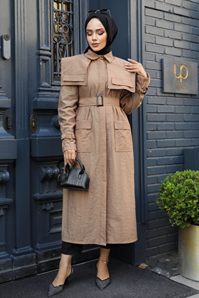 Neva Style Gemici Yaka Detay Camel Tesettür Trençkot 19023C