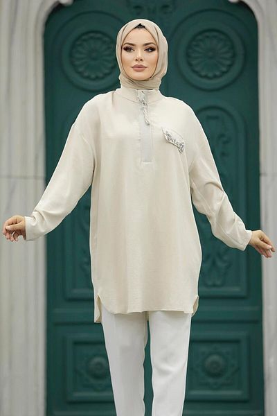 Neva Style - Tunica Hijab Bej cu Fermoar 10224bej